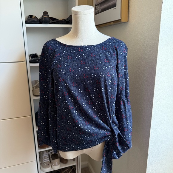 Michael Kors Navy Blue Floral Patterned Tie Front 3/4 Bell Sleeve Blouse Size XS - Picture 8 of 11